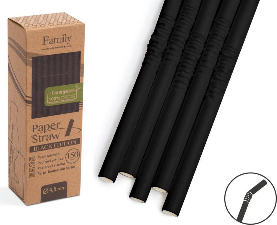 Family Pound Kartonnen Drinkrietjes Zwart 4 5 mm 19 cm Buigbaar Straws papieren Rietjes 150 stuks Milkshake 100% Composteerbaar Papieren rietjes