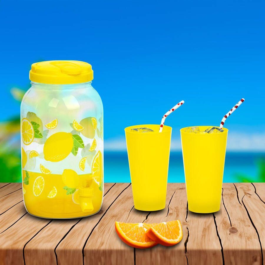 Family Pound Limonadedispenser met Kraantje en 4 bekers Drankdispenser 3 8 Liter Kunststof Waterdispenser Dispenser GEEL Citroendesign