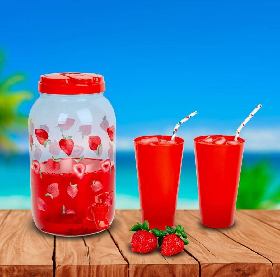 Family Pound Limonadedispenser met Kraantje en 4 bekers Drankdispenser 3 8 Liter Kunststof Waterdispenser Dispenser ROOD Aardbeidesign