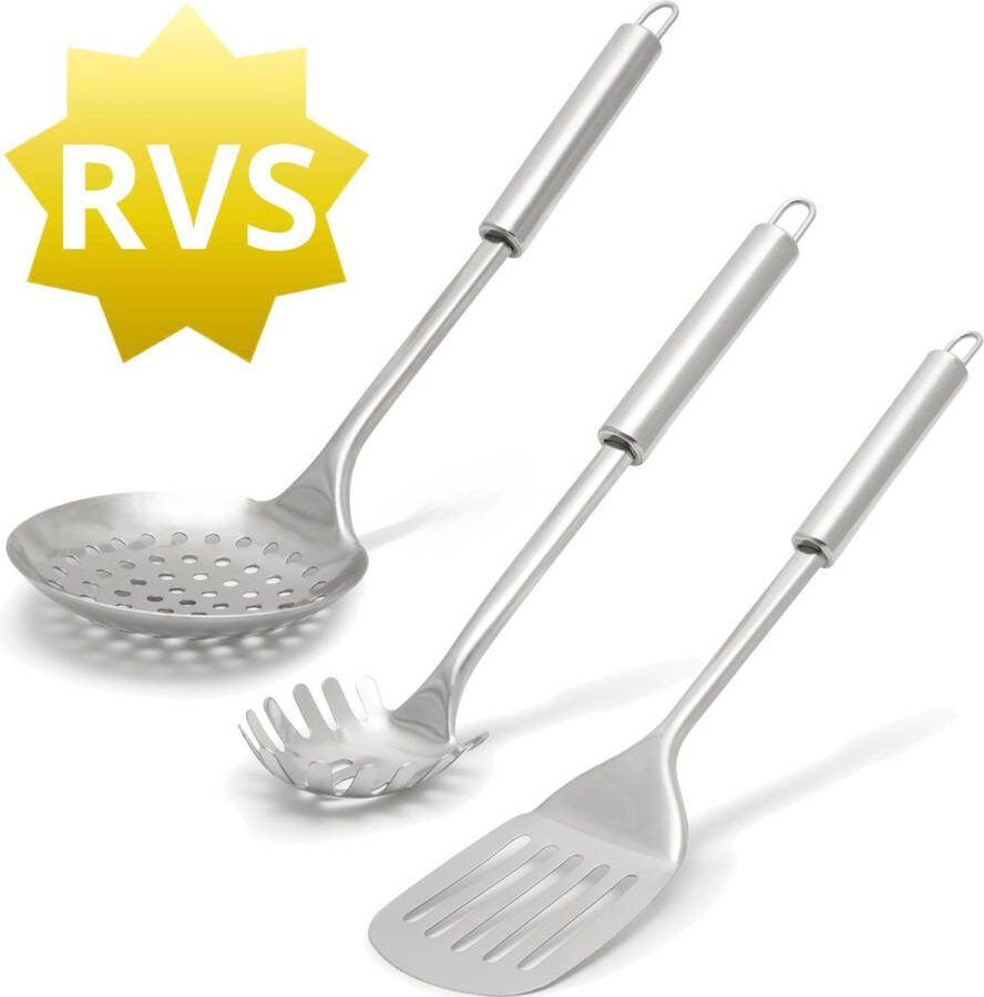 Family Pound Keukengerei Set 3 delig Hittebestendig RVS Keuken Gerei Spatels Schuimspaan Bakspaan Pastalepel