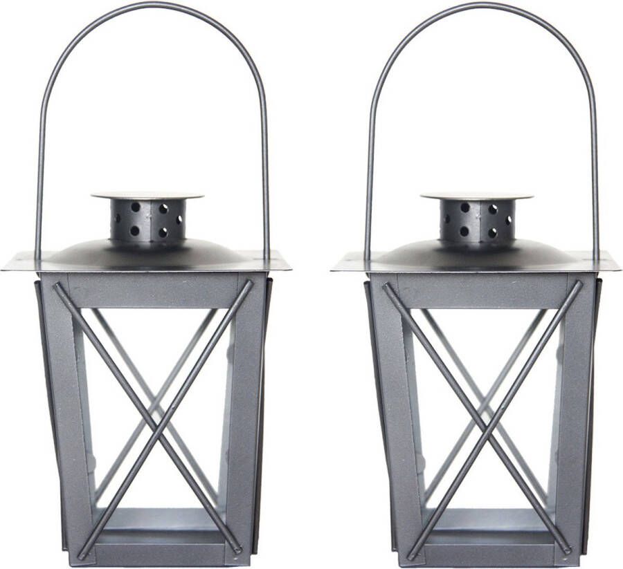 Fancy Flames Set van 2x stuks zilveren tuin lantaarn windlicht van ijzer 12 x 12 x 16 cm Tuinverlichting Kaarsenhouders Lantaarns