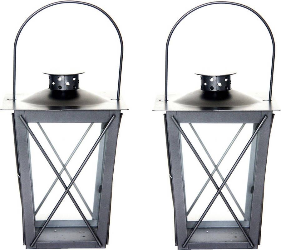 Fancy Flames Set van 2x stuks zilveren tuin lantaarn windlicht van ijzer 12 x 12 x 20 cm Tuinverlichting Kaarsenhouders Lantaarns