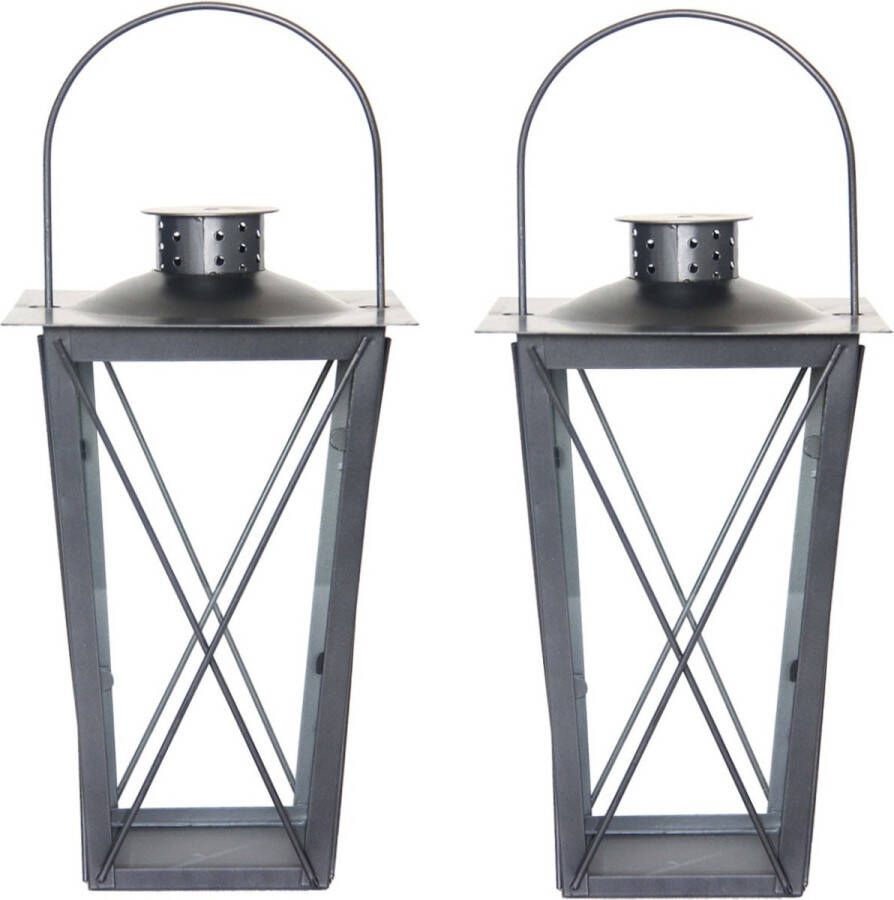 Fancy Flames Set van 2x stuks zilveren tuin lantaarn windlicht van ijzer 17 x 17 x 30 cm Tuinverlichting Kaarsenhouders Lantaarns