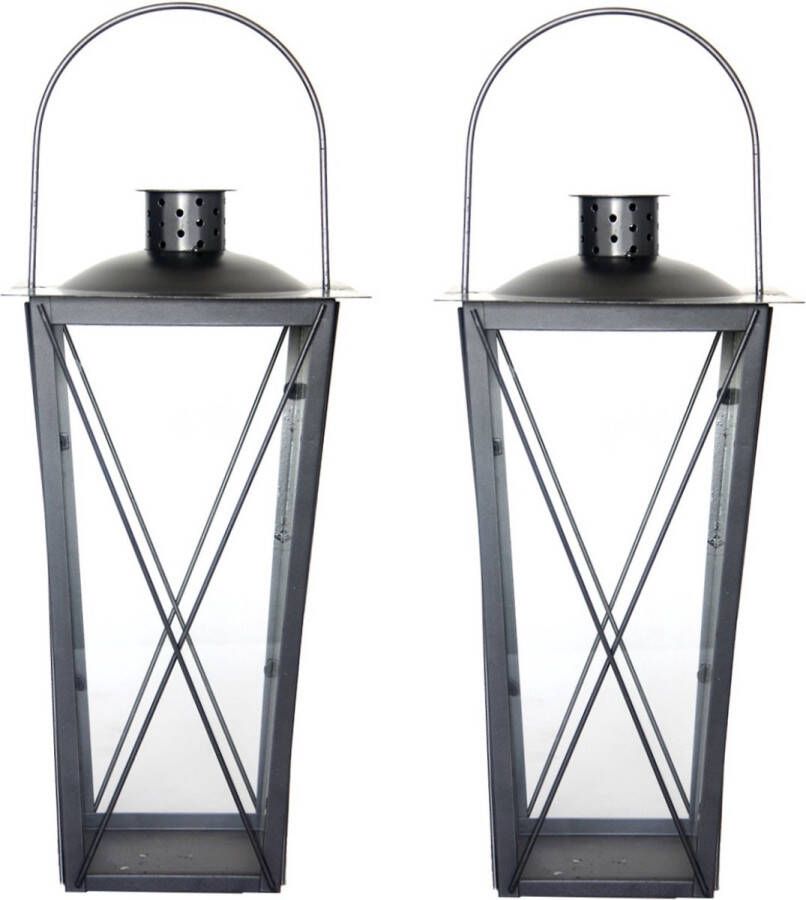 Fancy Flames Set van 2x stuks zilveren tuin lantaarn windlicht van ijzer 20 x 20 x 40 cm Tuinverlichting Kaarsenhouders Lantaarns