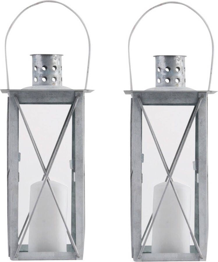 Fancy Flames Set van 2x stuks zilveren tuinlantaarn windlicht van zink 12 x 12 x 25 5 cm Tuinverlichting Kaarsenhouders Zinken lantaarns