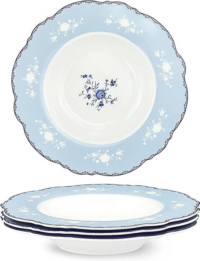 Fanquare Porseleinen diepe soepborden set van 4 stuks Ø 232 mm grijs pastaschalen blauwe bloemen soepkommen magnetron- en vaatwasmachinebestendig