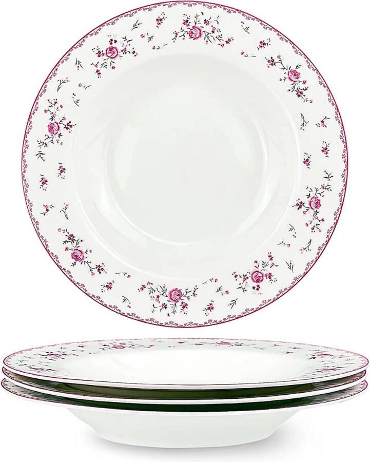 Fanquare Set van 4 witte soepkommen van keramiek Ø 218 mm diep soepborden set van porselein roze bloemen pastaborden