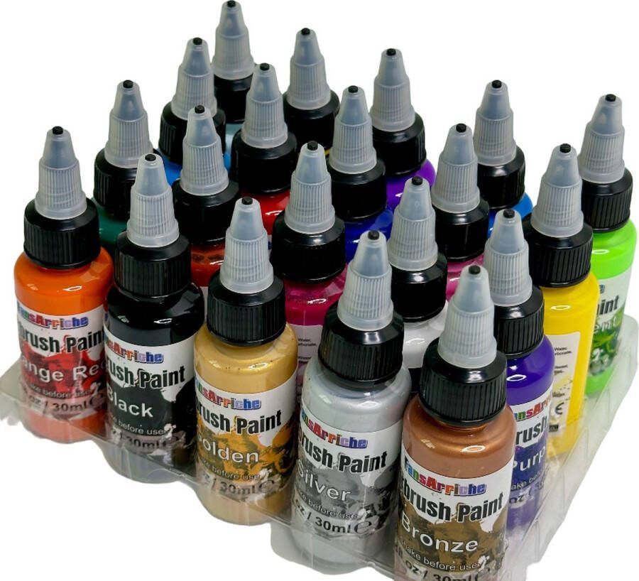 FansArriche Fantasy Colorbox Deluxe 20-delig Acrylverf Airbrush Set voor schilders en creatieve DIY projecten Kleuren 30 ml per flesje