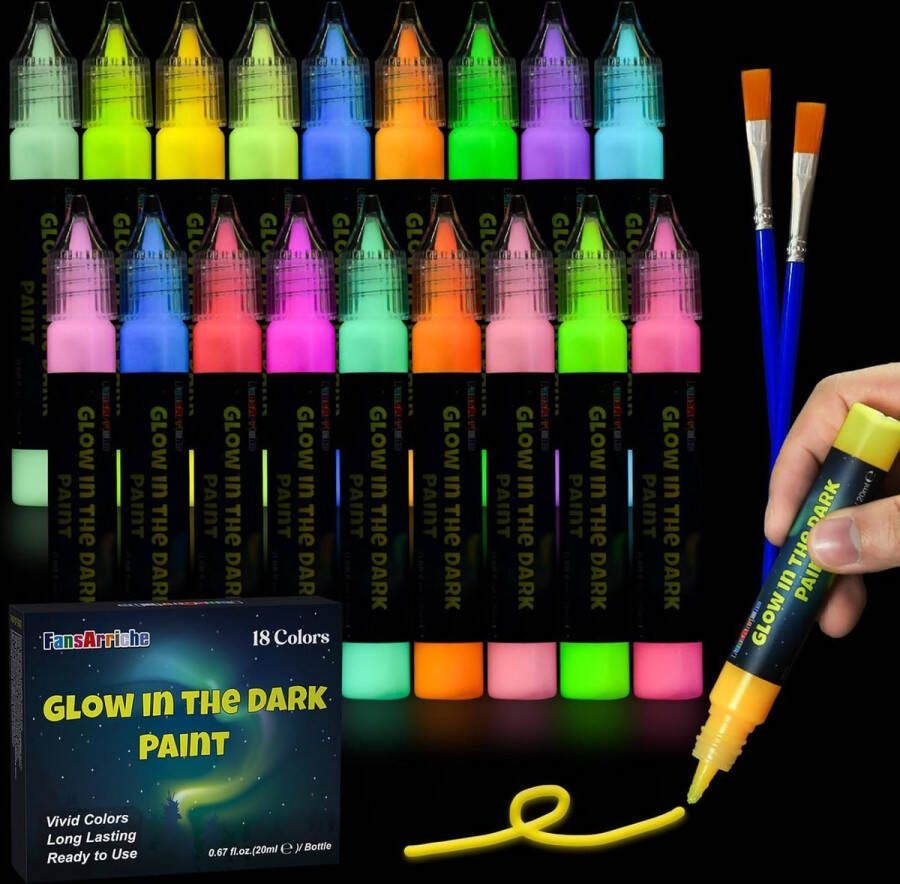FansArriche Twinkelende Nachtverfset voor Kinderen 18 Kleuren Glow in the Dark Verf Waterdichte Textielverf DIY Fluorescerende Schilderstiften voor Kunstwerkjes in het Donker