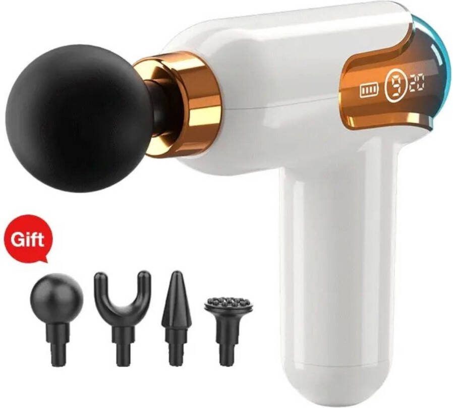Fascia Mini Massage Geweer Lcd Display Mini Massagegun Draagbare Usb Lichaam Massager 4 Hoofd Vibratie Wit