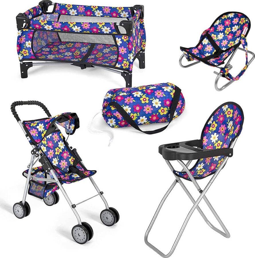 Fash n kolor 4 in 1 Babypop set Poppenbed Poppenstoel Poppenbuggy Pack N Play Bloemenontwerp Poppenwagen Poppenset
