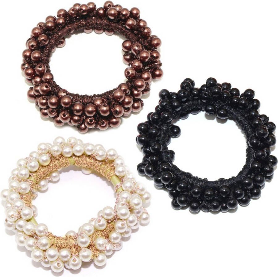 Fashion Favorite Pearl Bun Elastiek Scrunchie Armband | 3 Stuks Set Creme Koper Zwart | Parels