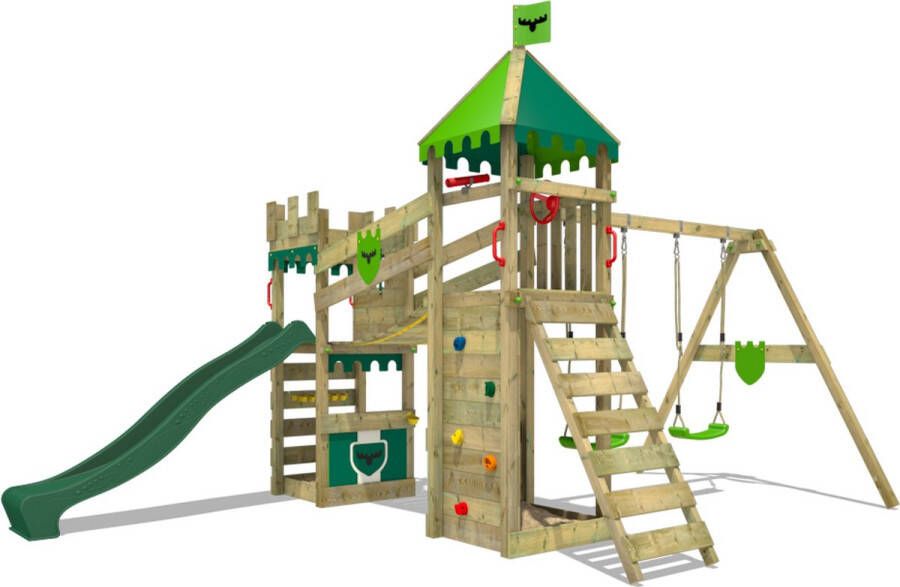FATMOOSE speeltoestel Ridderkasteel RiverRun Royal met schommel en groene glijbaan outdoor kinderklimtoren met zandbak ladder & speelaccessoires voor de tuin