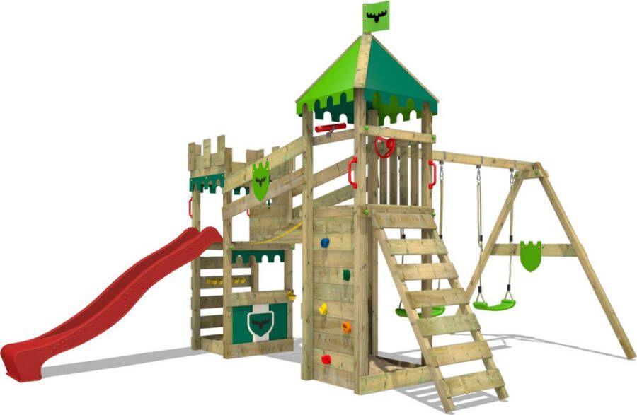 FATMOOSE speeltoestel Ridderkasteel RiverRun Royal met schommel en rode glijbaan outdoor kinderklimtoren met zandbak ladder & speelaccessoires voor de tuin
