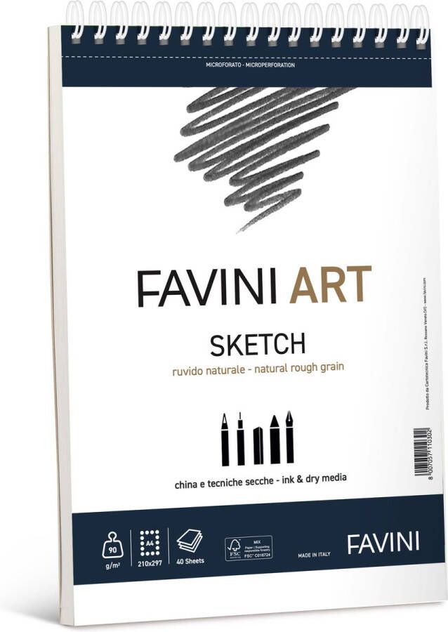 Favini ART SKETCH PAD houtskool wasco potlood stift en inkt SPIRAL 90 g. 40 sheets A4