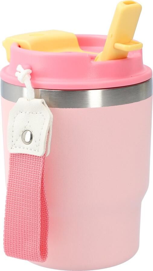 FB Pro Kleine thermosbeker (400ml) RVS drinkbeker met draaibare drinktuit en koord koffiebeker Travel mug Makkelijk draagbaar Drinkfles voor volwassenen en kinderen Roze Geel