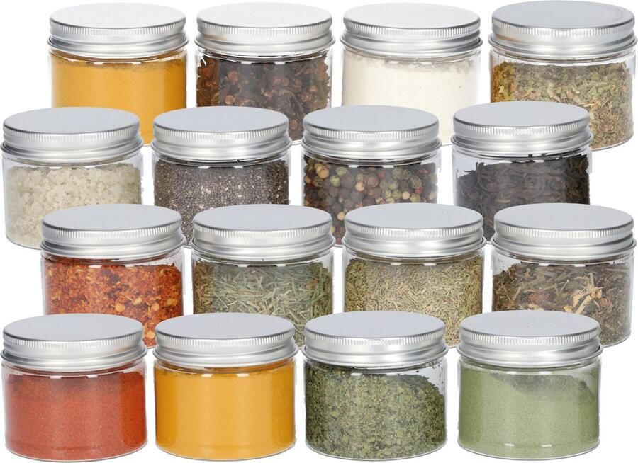 FB Pro Kruidenpotjes rond met luchtdichte deksel Plastic potjes met deksel – Spice Jars – Plexiglas met aluminium deksel Set van 20 potjes – 100ml