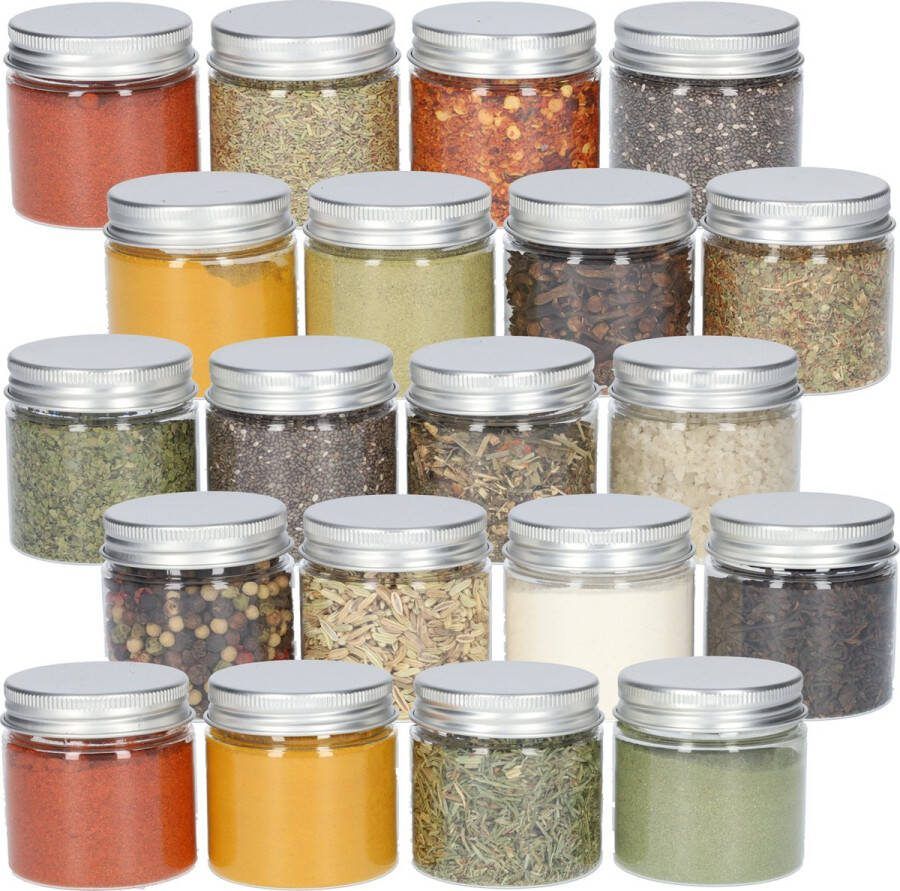 FB Pro Kruidenpotjes rond met luchtdichte deksel Plastic potjes met deksel – Spice Jars – Plexiglas met aluminium deksel Set van 20 potjes – 60ml