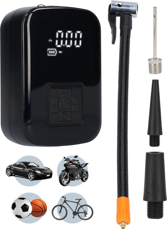 FB Pro Luchtcompressor Bandenpomp Ventilator Geschikt voor auto fiets voetballen en opblaasbedden Met hand bestuurbaar USB-C oplaadbaar Met verlichting Draadloos gebruik 120W Zwart