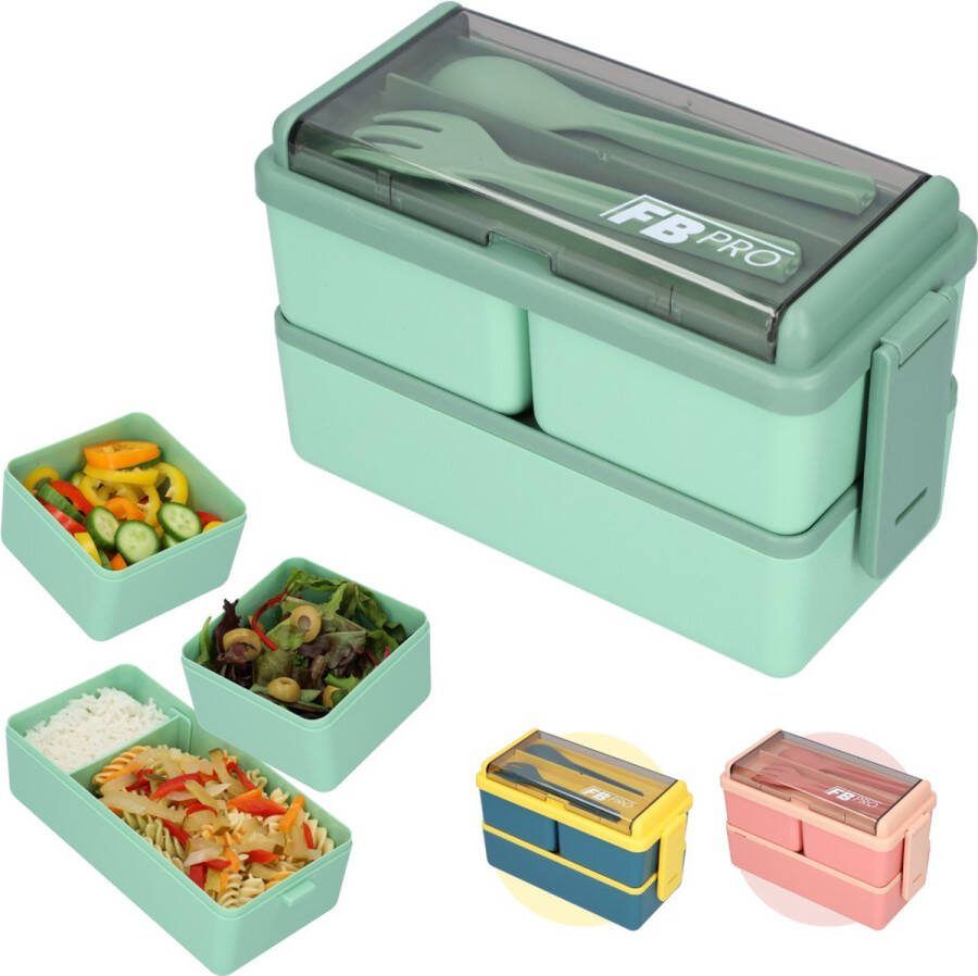 FB Pro Lunchbox 1400ml Met servies en vakjes x3 Geschikt voor rijst noodles groente vlees en meer! Voor kinderen en volwassenen Groen