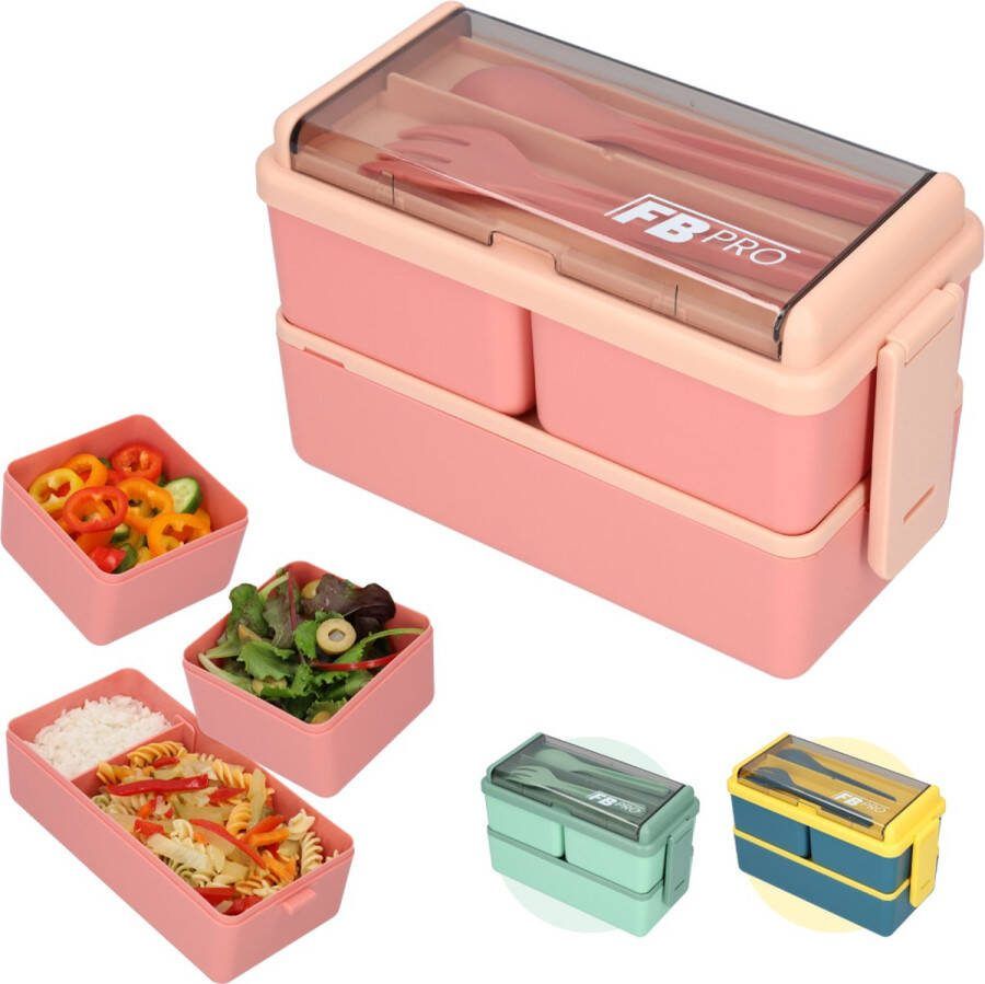 FB Pro Lunchbox 1400ml Met servies en vakjes x3 Geschikt voor rijst noodles groente vlees en meer! Voor kinderen en volwassenen Roze