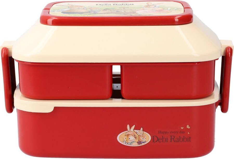 FB Pro Lunchbox Broodtrommel Verschillend Delen Met Bestek Met Handvaten Debi Rabbit Rood Met Beige