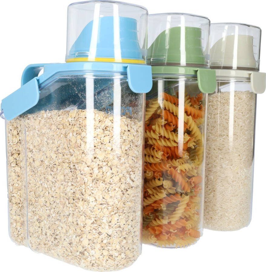FB Pro Voorraadpotten (3 stuks) met maatbeker in 3 kleuren! Opslag container 2000ml Voorraadbussen Plastic luchtdichte dispenser BPA vrij! Voedselcontainer voor granen rijst bloem dierenvoeding droogvoeding en meer!