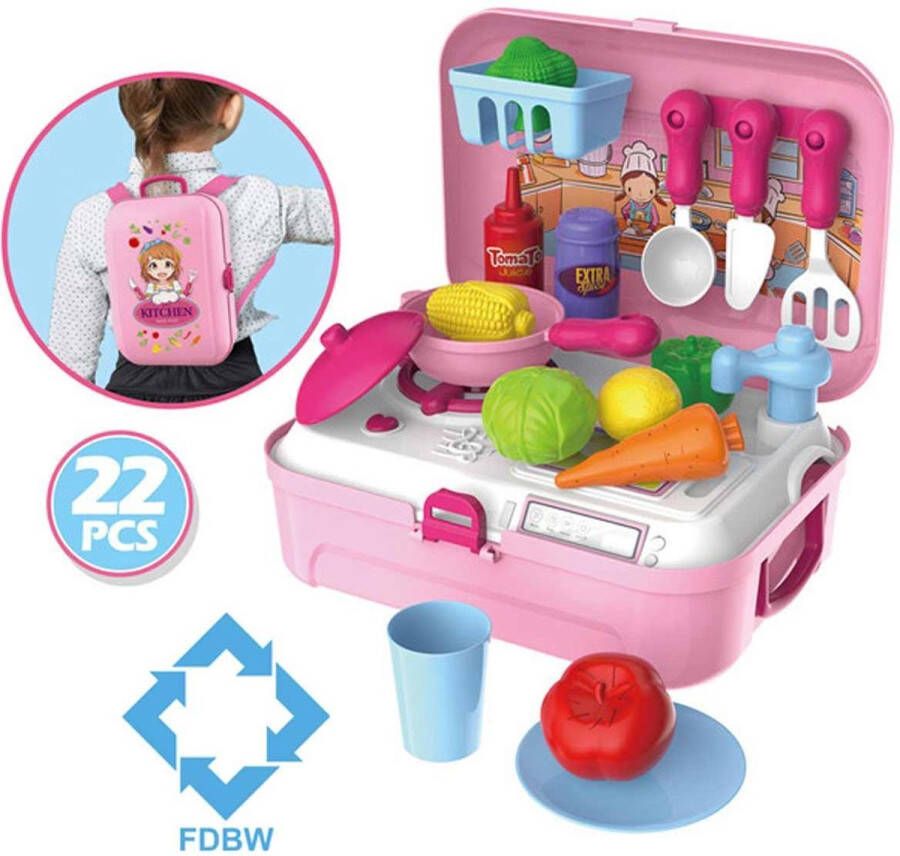 FDBW Speelgoed Keuken Mobiele keuken Roze 3 jaar Speelgoed koffer Speelgoed Meisje – 25 x 20 x 10 cm