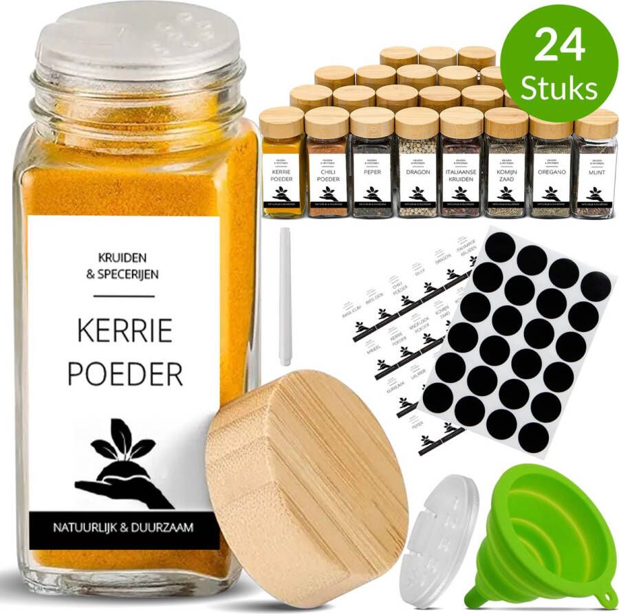 Feed The Future 24 kruidenpotjes van 120 ml Bamboe Voorbedrukte en blanco stickers Keuken accessoires Trechter Stift Kruidenstrooier Kruiden Potjes met deksel Voorraadpotjes