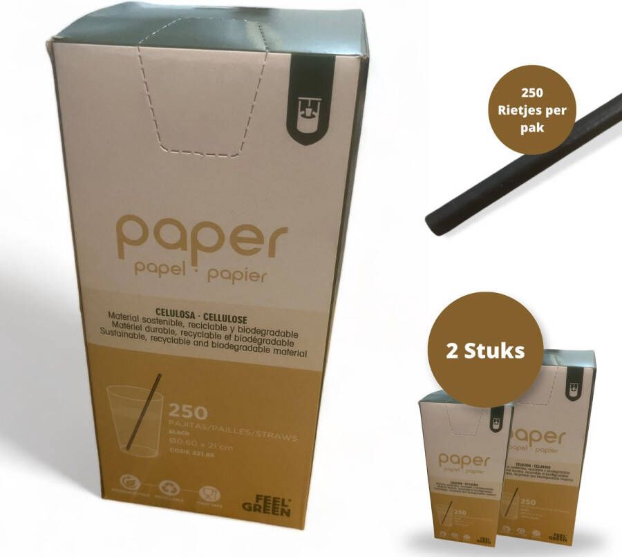 Feel Green 2x FeelGreen Biologisch Afbreekbare Rietjes Zwart 250st per Pak Papier per 2 Pakken