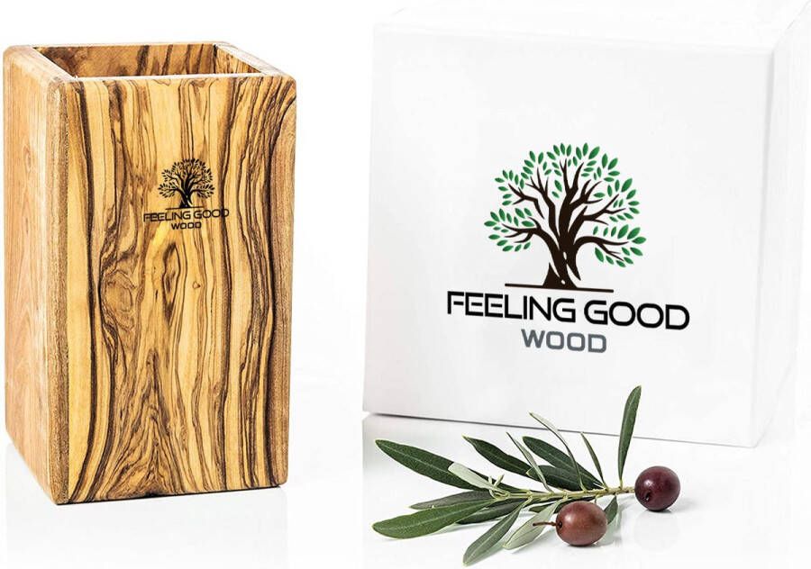 Feeling Good Wood olijfhouten Keukengerei Houder ~ bestekhouder ~ bestekset houder ~ bestekbak ~ L 10 cm x B 10 cm x H 17 cm