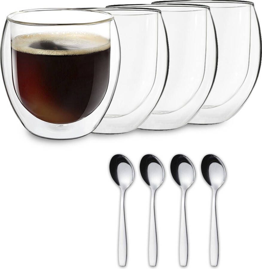 Feelino DUOS Jumbo dubbelwandig glas thermoglas 310 ml drinkglas espressoglas theeglas shotglas borosilicaatglas bestand tegen hitte en kou handgemaakt vaatwasmachinebestendig zwevend effect incl. rvs lepel