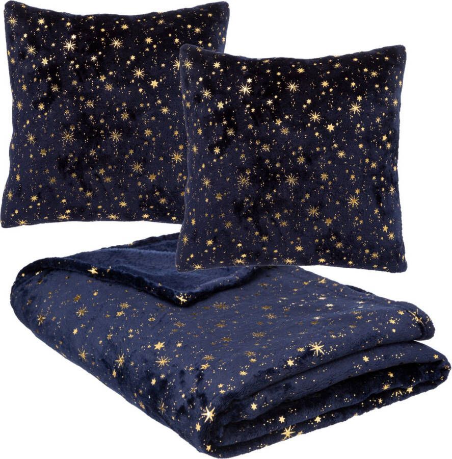 Feeric lights & Christmas Deken plaid met 2x kussentjes sterren hemel blauw goud polyester