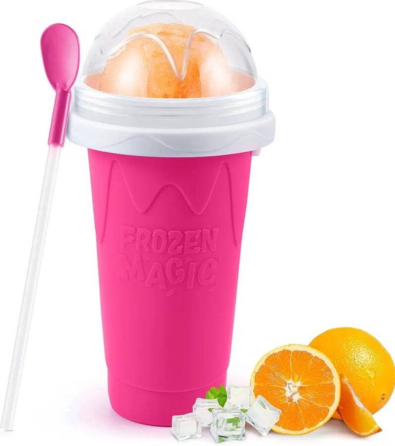 FeestmetJoep Slush puppy maker 300 ML Roze Slush puppy maker Slushy cup Ijsvormpjes Incl. eetlepel en rietje- Slush puppy machine voor thuis Slush maker beker