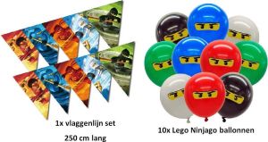 Felizdecorations Lego Ninjago Vlaggenlijn & Ballonnen set| Vlaggenlijn 250 cm lang 10 + 1 stuks latex ballonnen set