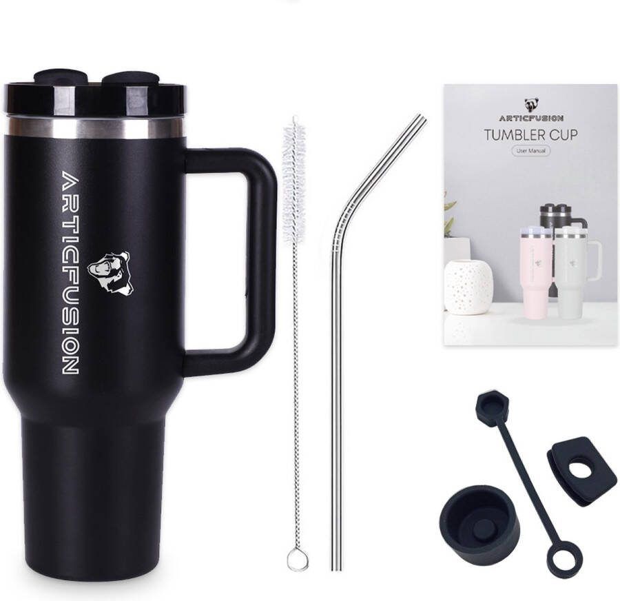 FellowSales ArticFusion Tumbler Cup Inktzwart Thermosfles 40oz Thermosbeker met handvat 1.2 liter Drinkbeker to go RVS beker met rietje Complete set Waterdicht Waterfles