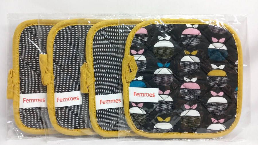 Femmes Pannenlappen 3 x Zwart Grijs Motief + 1 x Appeltjes Motief 18 x 18 cm Keuken Koken Keuken Accessoires Voordeel Set 4 stuks