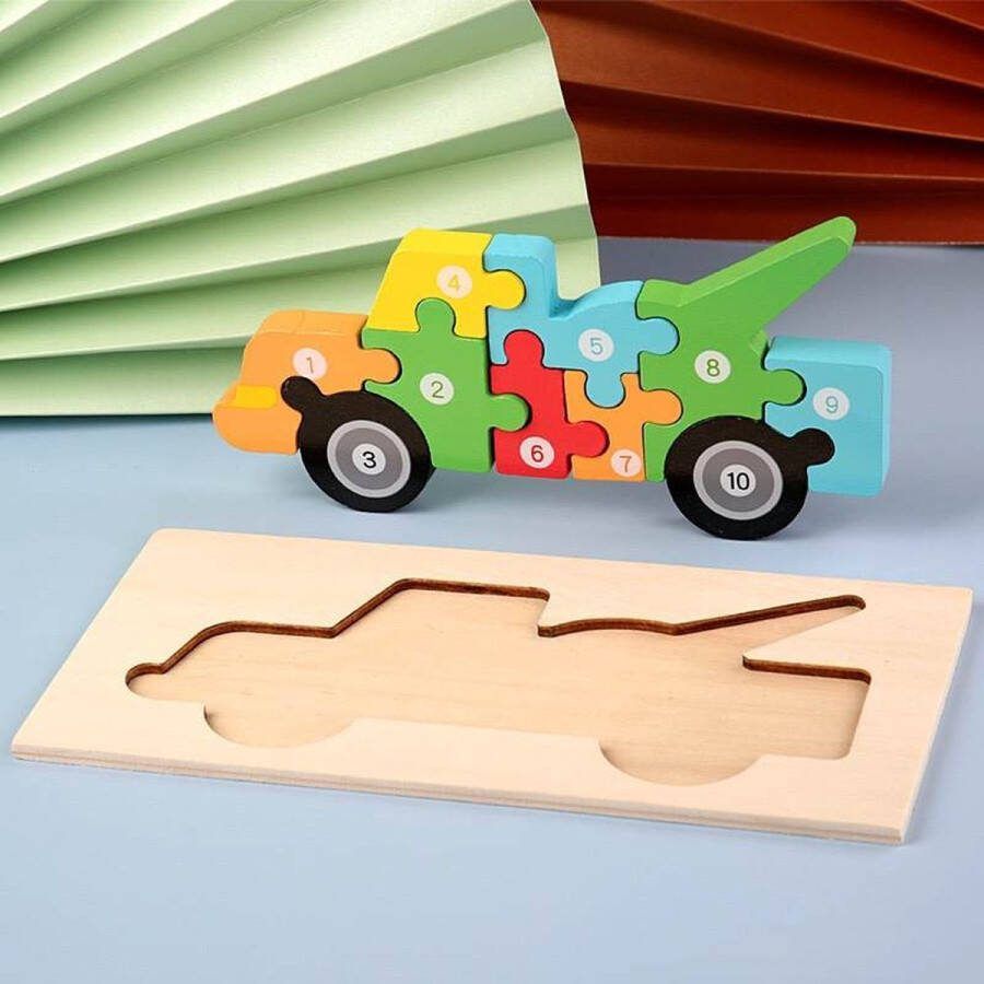 FEMUR Houten Kinderpuzzel – Takelwagen Dieren Puzzel – 3D Puzzel – Goed voor de Ontwikkeling – Montessori Speelgoed – Kinderspeelgoed