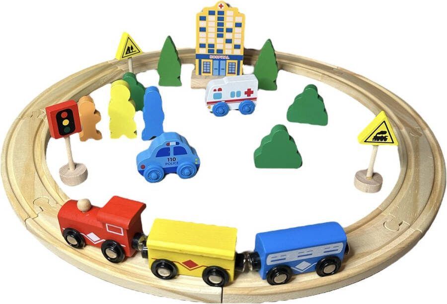 FEMUR Houten Treinbaan – 26-delige Treinset – Met Rails en Wagons – Duurzaam – Houten Speelgoed