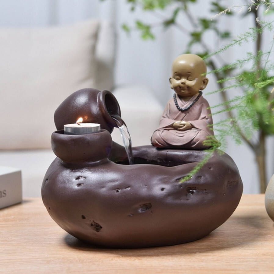 Feng Shui Webwinkel Kamerfontein Boeddha Medina (19cm) Binnenfontein Waterornament Incl. LED Verlichting