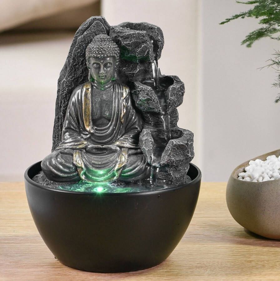 Feng Shui Webwinkel Kamerfontein Boeddha Revata (18cm) Binnenfontein Waterornament Incl. LED Verlichting