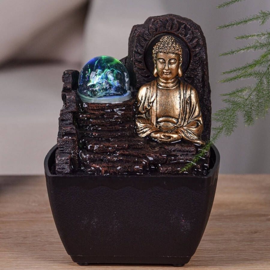 Feng Shui Webwinkel Kamerfontein Boeddha Theravada (18cm) Binnenfontein Waterornament Incl. LED Verlichting