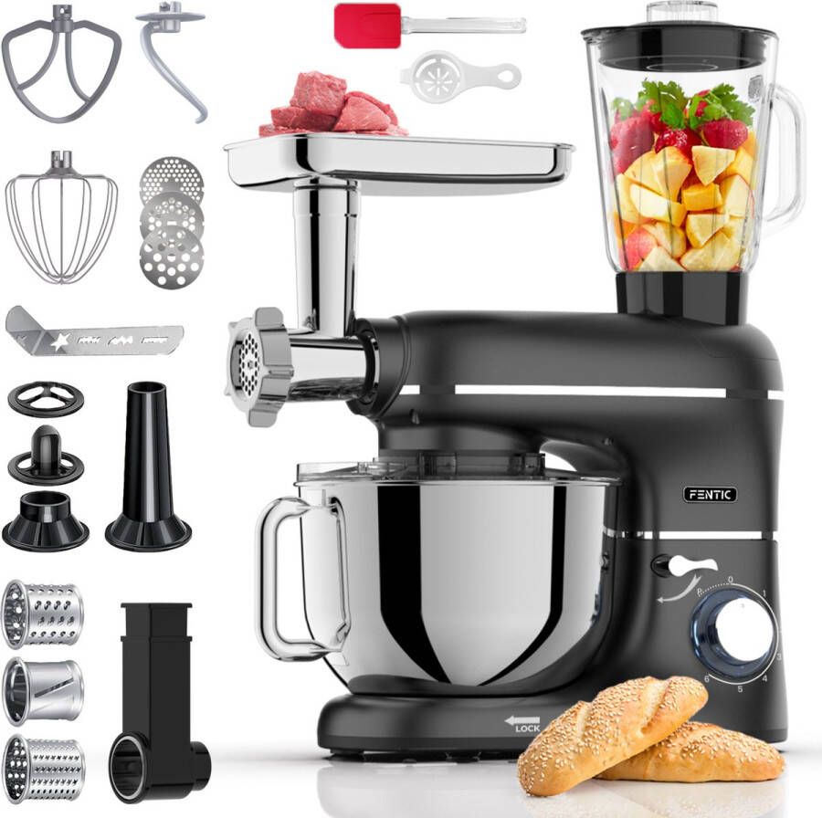 Fentic Keukenmachine – 2000W – Keukenrobot – Foodprocessor 6 2L Mengkom – Incl. Vleesmolen Blender en extra Accessoires – Zwart