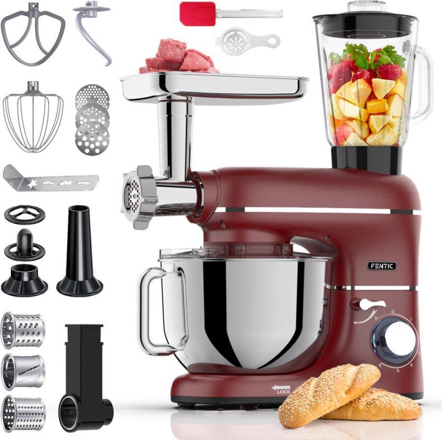Fentic Keukenmachine – 2000W – Keukenrobot – Foodprocessor 6 2L Mengkom – Incl. Vleesmolen Blender en extra Accessoires – Rood