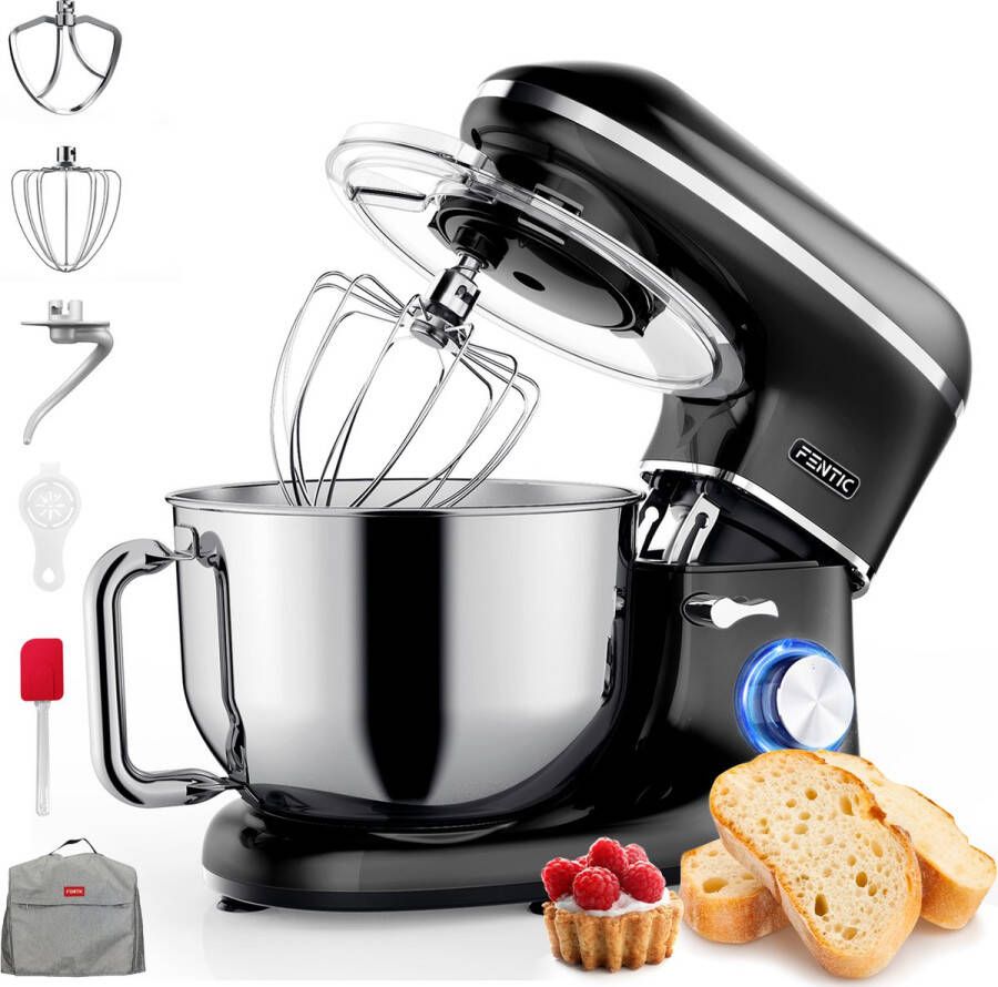 Fentic Keukenmachine – 2000W – RVS Mengkom (6 2 L) – Keukenrobot – Mixer met Garde Deeghaak en Menghaak – Incl. Beschermhoes en extra Accessoires – Zwart