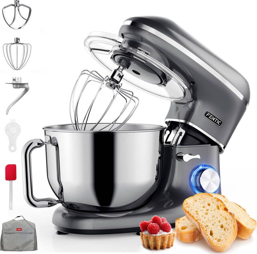 Fentic Keukenmachine – 2000W – RVS Mengkom (6 2 L) – Keukenrobot – Mixer met Garde Deeghaak en Menghaak – Incl. Beschermhoes en extra Accessoires – Antraciet