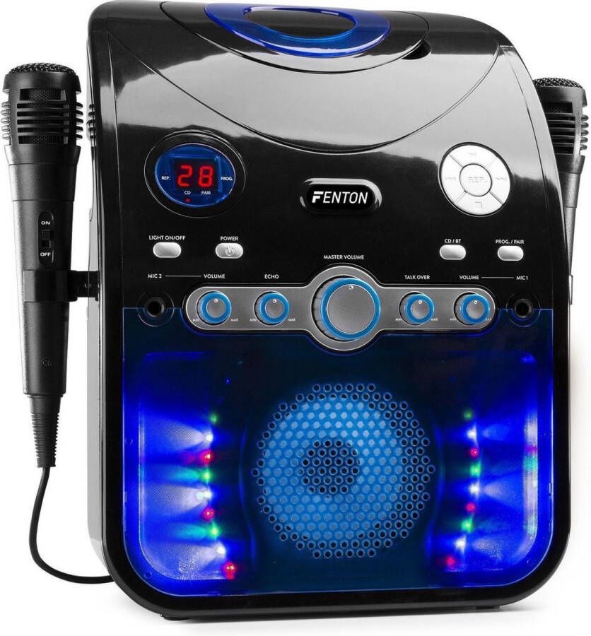 Fenton Karaoke Set met 2 Microfoons en LED Verlichting SBS20B Voor Volwassenen en Kinderen Bluetooth CD+G Zwart