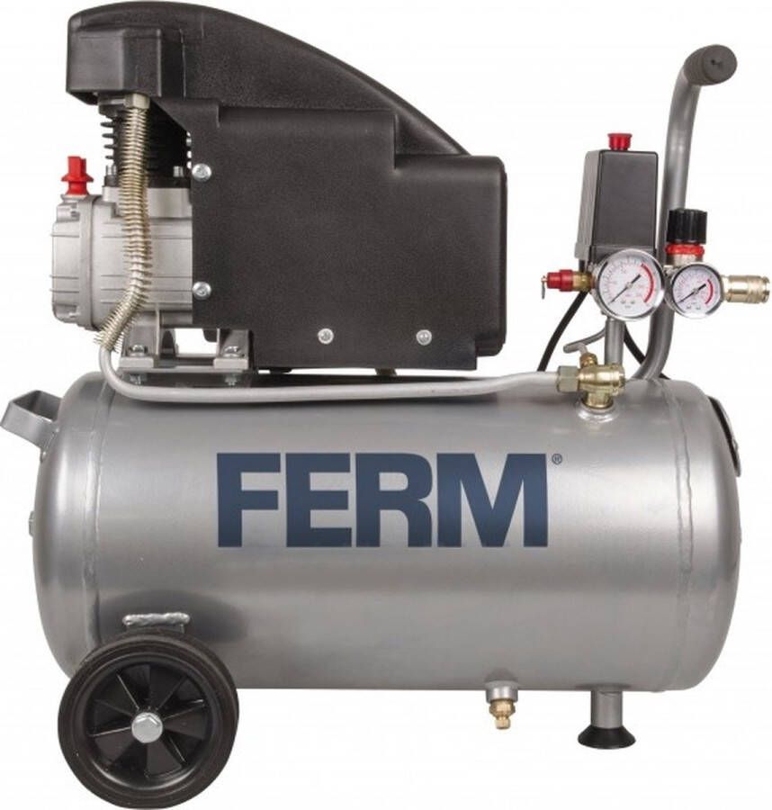 FERM CRM1045 Compressor 1100W Inductie motor 24liter tankinhoud Druk instelbaar 0 8 bar 155 L min 1.5pk Olie gevuld 2850tpm Universele DIN ORION snelkoppeling 2 manometers Verrijdbaar Noodstop Noodventiel