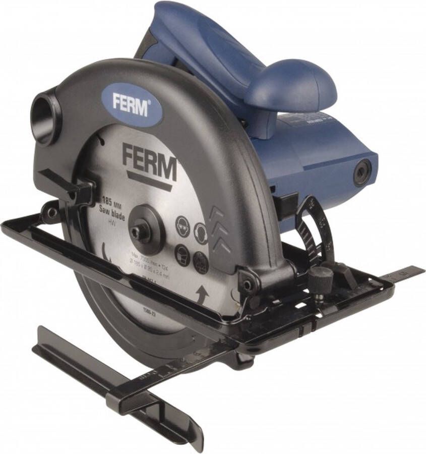 FERM CSM1039 Cirkelzaag 1200W 185mm Zaagcapaciteit 65mm Parallelgeleider Schuine hoek instelling 45t m90° 24 tanden TCT zaagblad Spindelblokkering Ergonomische handgreep Soft grip 3 meter rubber kabel Cirkelzaagmachine