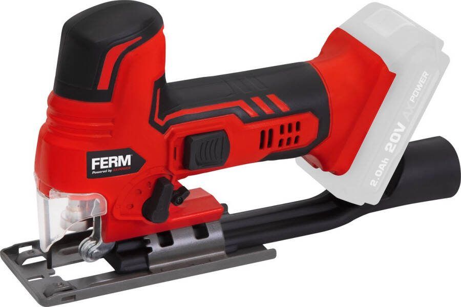 FERM JSM1037 Accu decoupeerzaag 20V- AX Power Snoerloos Barrelgrip 4 pendel posities Variabele snelheid Stofblaas functie Stofzuiger aansluiting Snelwisselsysteem Verstelbare voet Guard Softgrip Zijgeleider 2 zaagjes